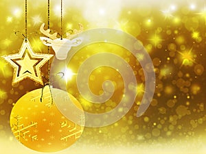 Background christmas gold yellow heart deer ball snow stars decorations blur illustration new year