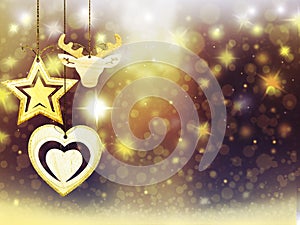 Background christmas gold yellow heart deer ball snow stars decorations blur illustration new year