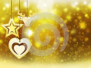 Background christmas gold yellow heart deer snow stars decorations blur illustration new year