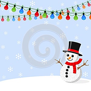 Background with Christmas light garlands and snowman