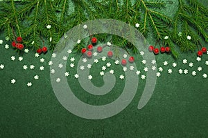 Background for Christmas and New Year cards. Branches of spruce and red berries on a green background. View from above. Copy space
