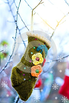 Knitted sock on the tree. Christmas background.warm clothes photo