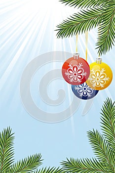 Background with Christmas tree branch and toys