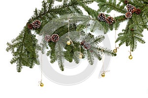 Background with christmas tree branches and hanging glitter ball