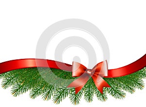 Background with christmas tree branches and a red ribbon. photo