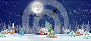 Background with christmas tree and night village