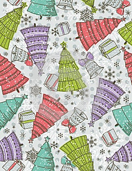 Background with christmas trees, present and bell