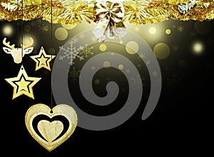 Background christmas yellow stars black gold deer heart snow decorations blur illustration new year