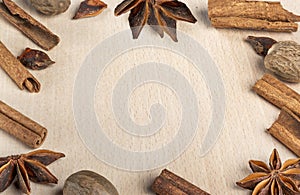 Background with cinnamon sticks and star anise and nutmeg