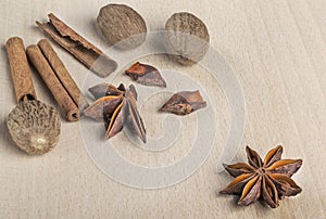 Background with cinnamon sticks and star anise and nutmeg