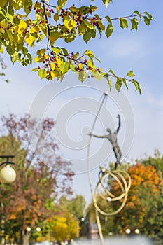 Background cityscape view of the park and the monument to Yuri Gagarin, first astronaut, in Yoshkar-Ola