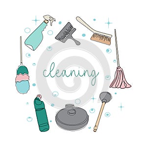 Background of cleaning equipment. Vector illustration isolated on a white background. Cleaning tools in one line