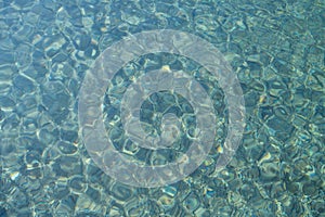 Background, closeup and texture of a blue water surface over a bottom of many pebbles. The sun shines on the fresh water