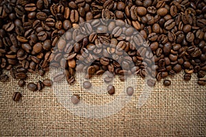 Background from coffee beans.Many roasted coffee coffees. Copy space. photo