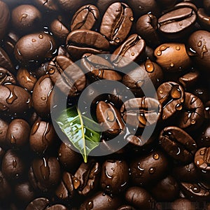 Background of coffee beans with water drops and green leaf