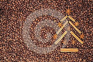 Background of coffee with a tree of cinnamon and star anise