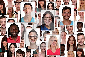 Background collage group of multiracial young smiling happy people portrait