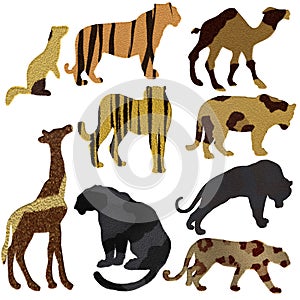 Background collection set of animals panther tiger camel giraffe in silhouette with fur texture