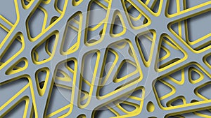 Background with colored flowing geometric forms and grids. Smooth shapes in gray and yellow colors in papercut style