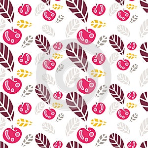 Background of colored leaves and apples. Beautiful retro seamless pattern.
