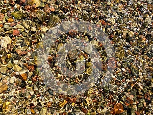 Background of colored river stones or pebbles under water. Top view. Clean and clear water