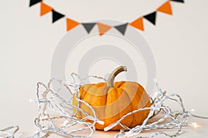 Background of colorful autumn pumpkins and leaves, fall season concept. halloween concept