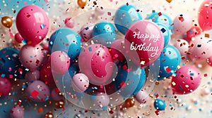 background of colorful balloons birthday party items, with text. greeting card