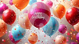 background of colorful balloons birthday party items, with text. greeting card