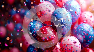 background of colorful balloons birthday party items, with text. greeting card