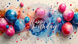 background of colorful balloons birthday party items, with text. greeting card