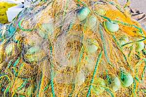 Background of colorful fishing nets and floats