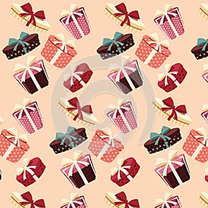 Background with colorful gift boxes, seamless pattern