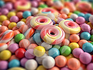 background of Colorful lollipops and different colored round candy. Top view. AI generative