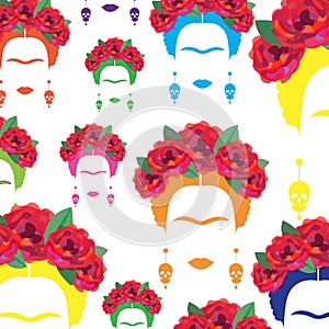 Background colorful portrait of Mexican or Spanish woman, minimalist Frida Kahlo with earrings skulls,