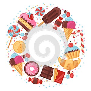 Background with colorful various candy, sweets and