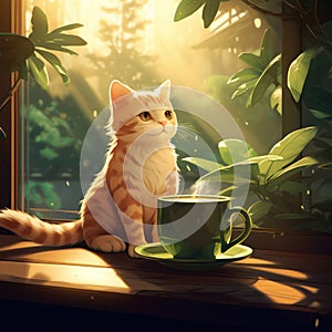 Domestic interior feline cute cats beautiful kitty home kitten pets animal background mammal window cup