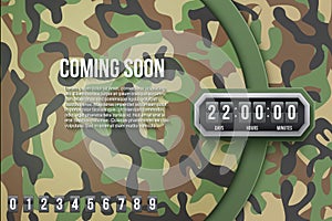 Background Coming Soon and countdown timer. Camo Vector.