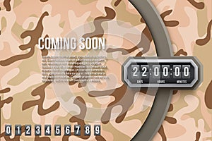 Background Coming Soon and countdown timer. Camo Vector.