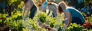 background with a community gardening event, neighbors coming together to garden sustainably, share seeds, and promote