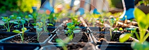 background with a community gardening event, neighbors coming together to garden sustainably, share seeds, and promote