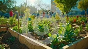 background with a community gardening event, neighbors coming together to garden sustainably, share seeds, and promote