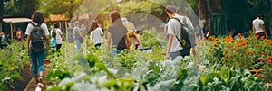 background with a community gardening event, neighbors coming together to garden sustainably, share seeds, and promote