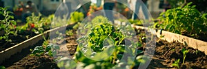 background with a community gardening event, neighbors coming together to garden sustainably, share seeds, and promote