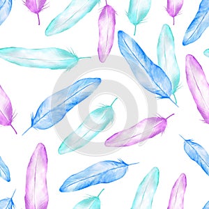 Seamless pattern from blue, blue and lilac feathers of birds