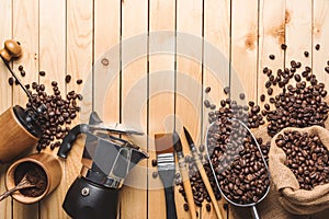 Background composition with accessories Ingredients for making coffee
