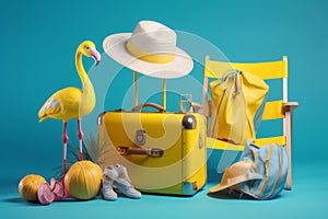 background concept blue yellow camera travel summer suitcase sunglasses vacation flamingo. Generative AI.