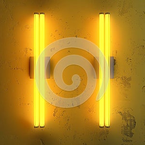 Background concept two yellow fluorescent tubes on textured yellow wall