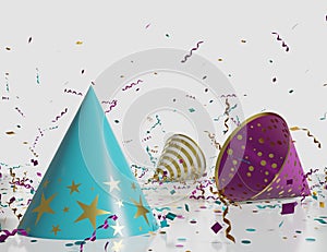 Background with confetti, serpentine and cones. 3D rendering