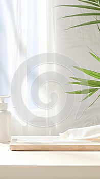 background consisting of a green fern leaf, a white board on the table