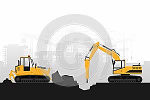 Background with construction work and heavy machinery of crawler loader and hammer excavator with gray background